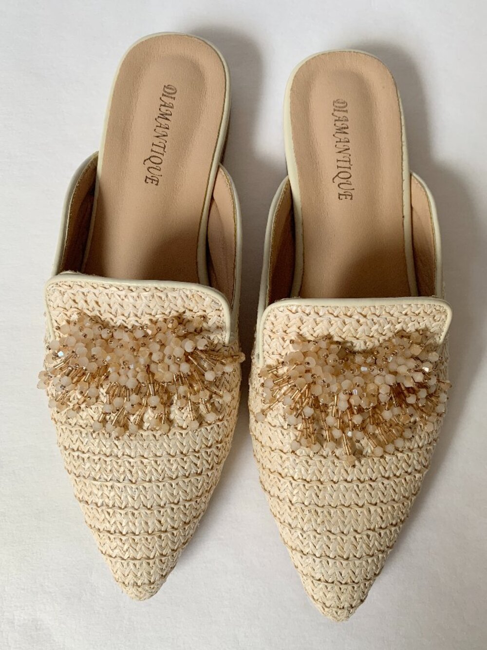Diamantique Slip-on Raffia Pointed Toe Mules, Beaded Vamp